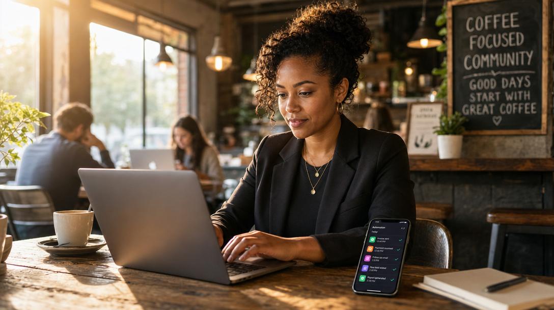 A business owner working on a laptop in a coffee shop while their phone shows notifications of completed AI tasks and scheduled appointments