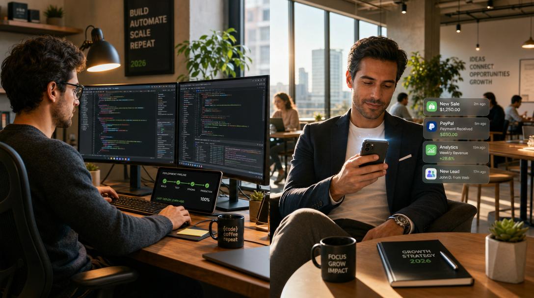 Split screen showing a developer at a computer terminal with code completion happening automatically, and a business owner's phone displaying continuous customer interaction notifications
