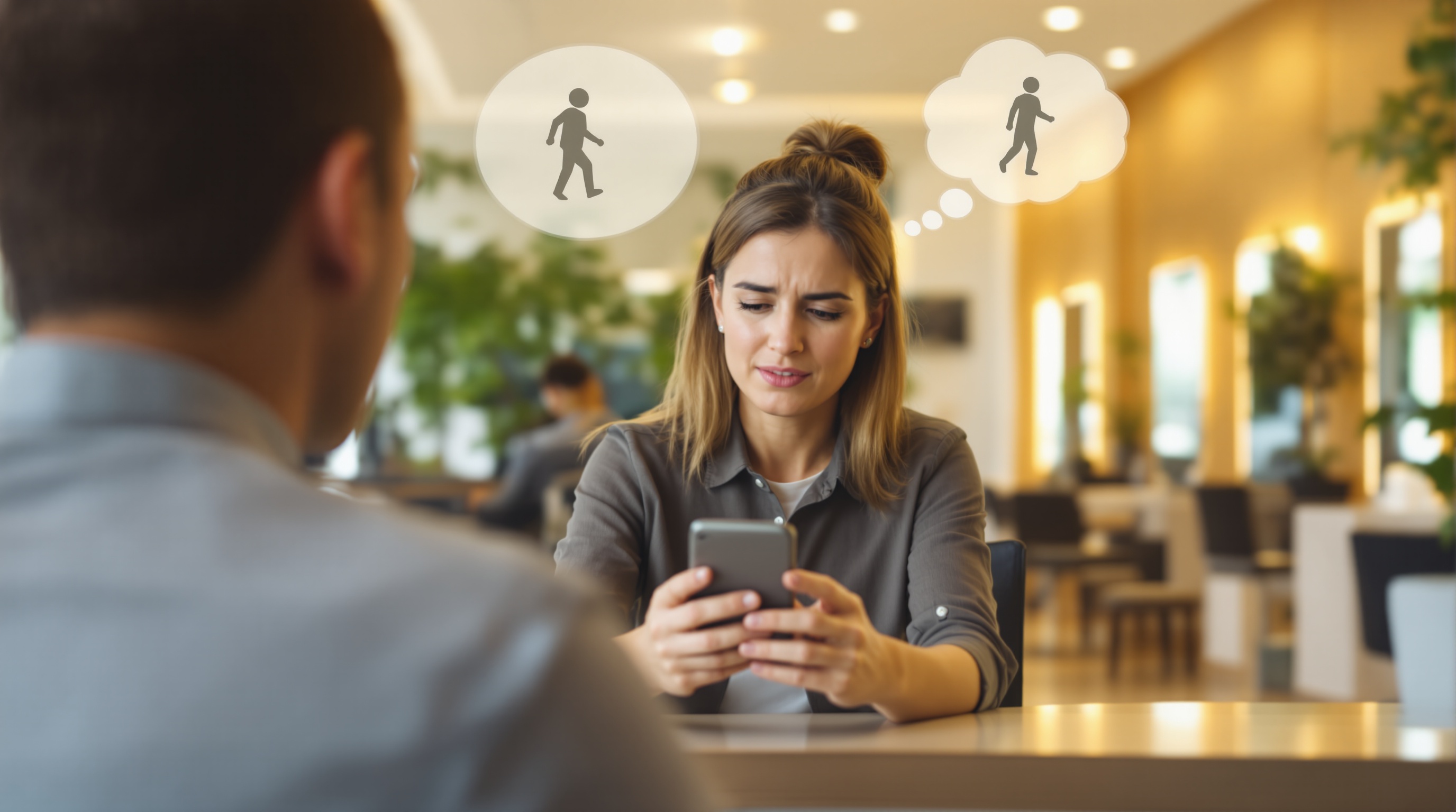 Small business owner at a salon reception desk glancing at her ringing phone while a client waits.