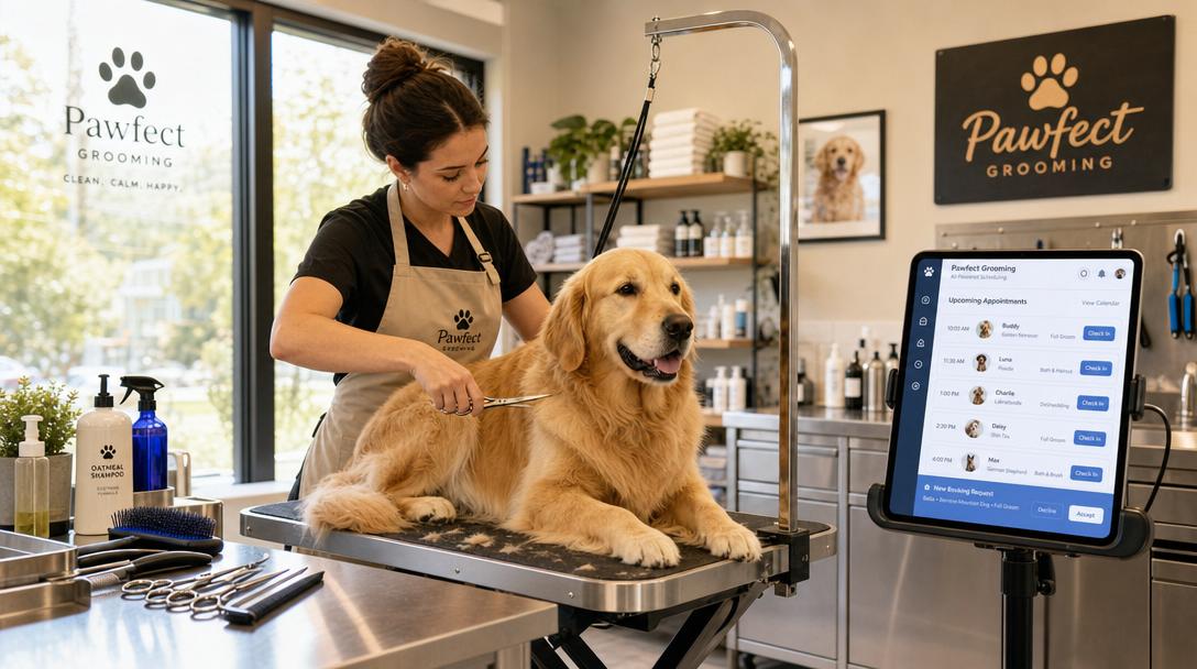 Professional dog groomer in modern salon carefully trimming a golden retriever while an AI-powered tablet displays incoming appointment bookings in the background