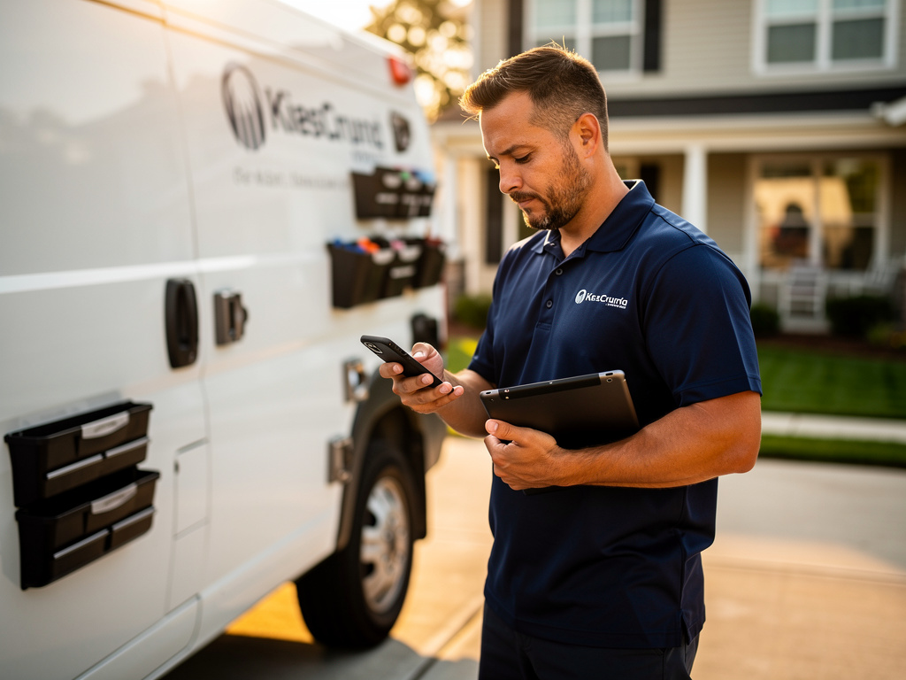 HVAC technician checking smartphone next to service van