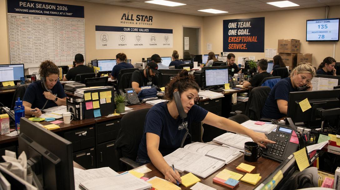 Moving company office showing phones ringing with staff overwhelmed during peak season, highlighting the chaos of manual call management