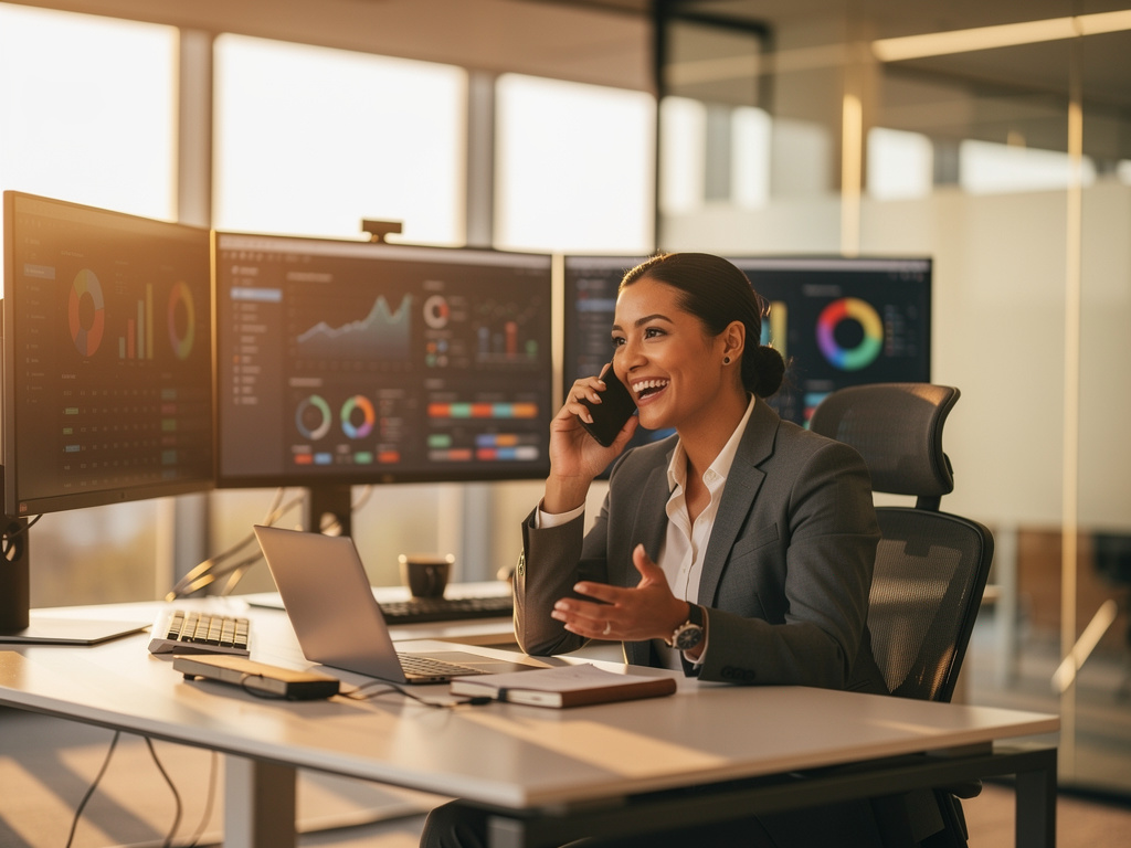 Business professional at modern office desk, speaking naturally on phone with confident expression, multiple monitors showing analytics dashboards in background