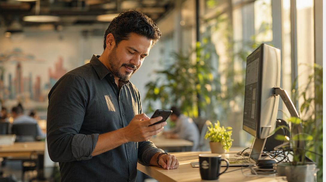 A sales professional at a desk glancing at a phone notification — a lead form has just submitted