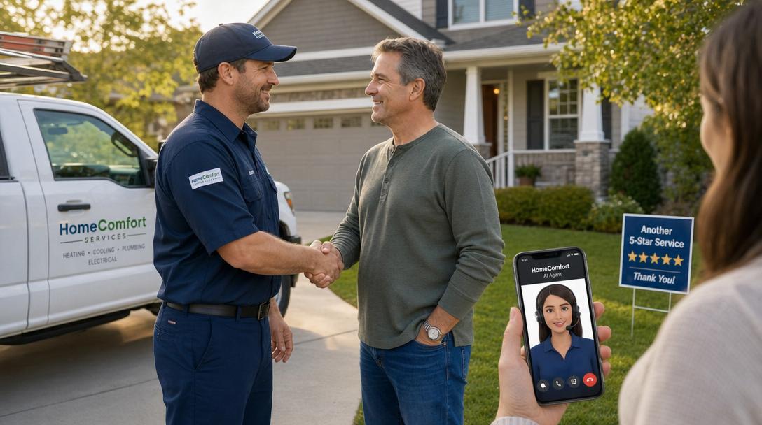 Service truck parked in suburban driveway with yard sign visible, homeowner and technician shaking hands while AI agent handles phone call in background