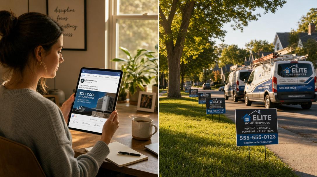 Split scene showing targeted marketing (person scrolling social media ads) versus neighborhood saturation (multiple yard signs visible on same street with service trucks)