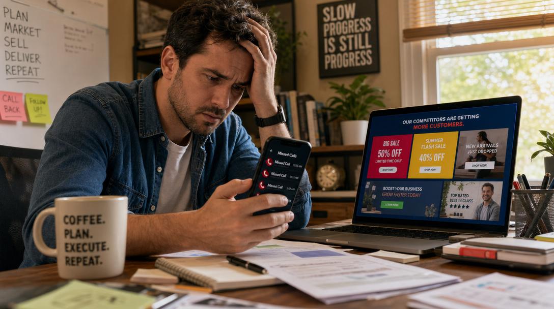 Business owner frustrated checking missed calls while competitors win deals