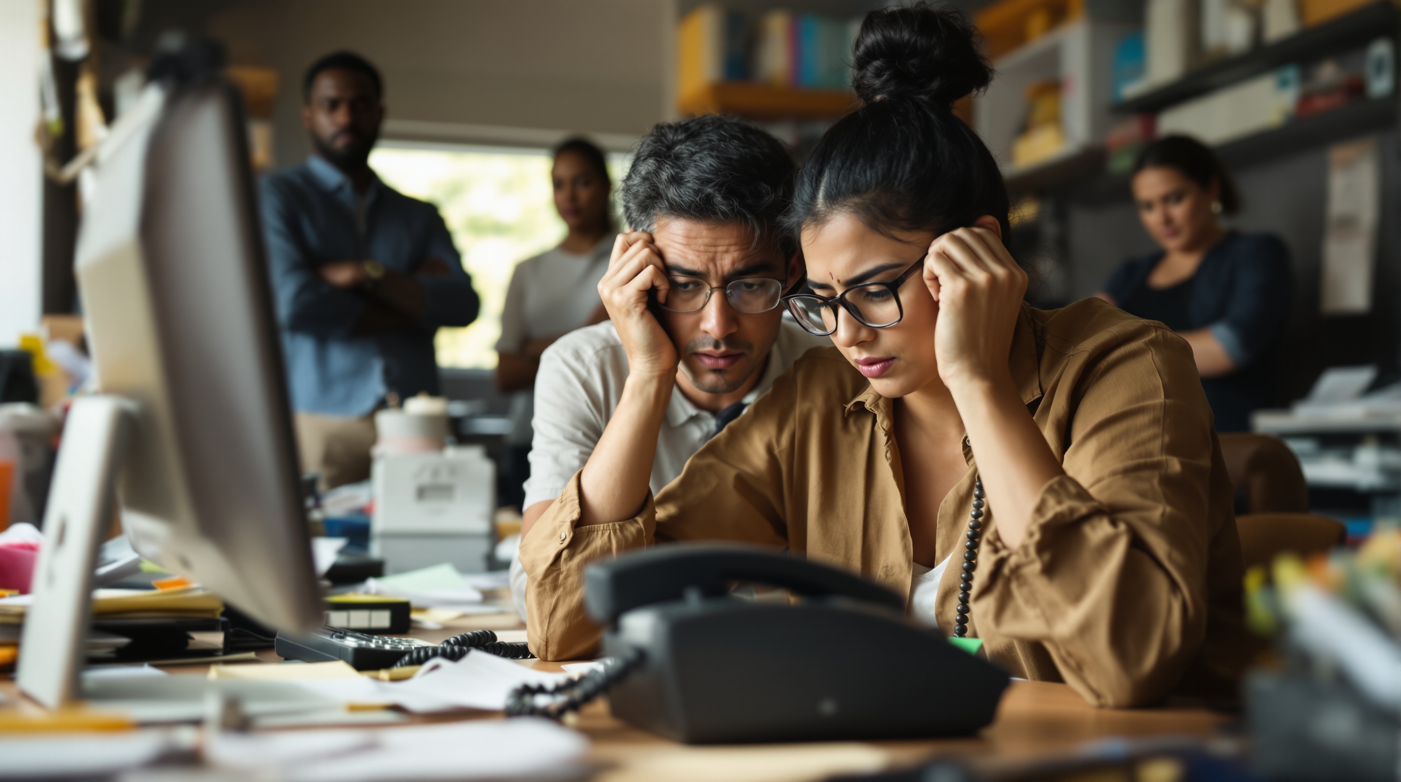 A frustrated small business owner staring at a ringing desk phone in a cluttered office, customers visibly waiting in the background