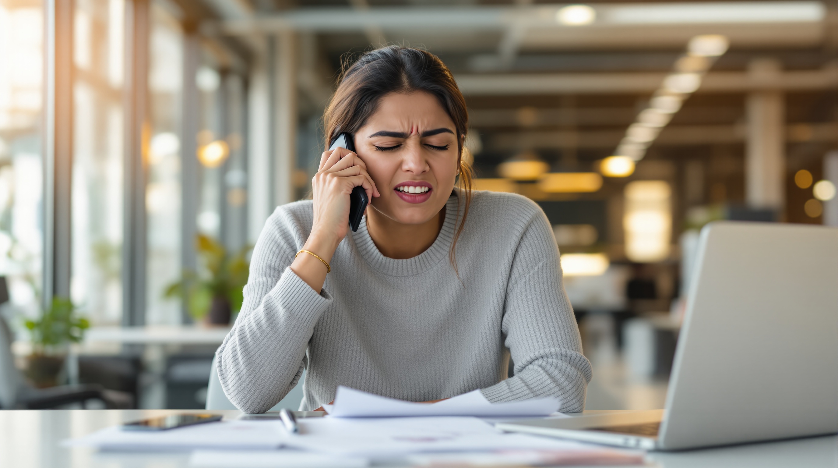 A frustrated customer on a mobile phone, head down, clearly on hold too long while sitting at a desk