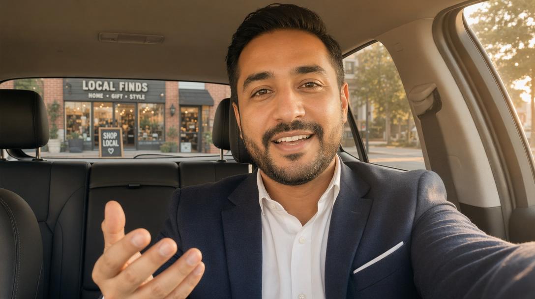Business owner recording personalized video message in car with local storefront visible through windshield, demonstrating location-specific prospecting approach