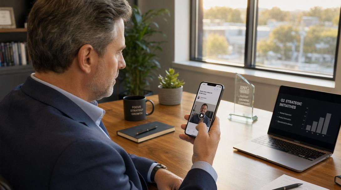 Local business owner checking smartphone notifications showing video message thumbnail in email inbox with engagement indicators visible