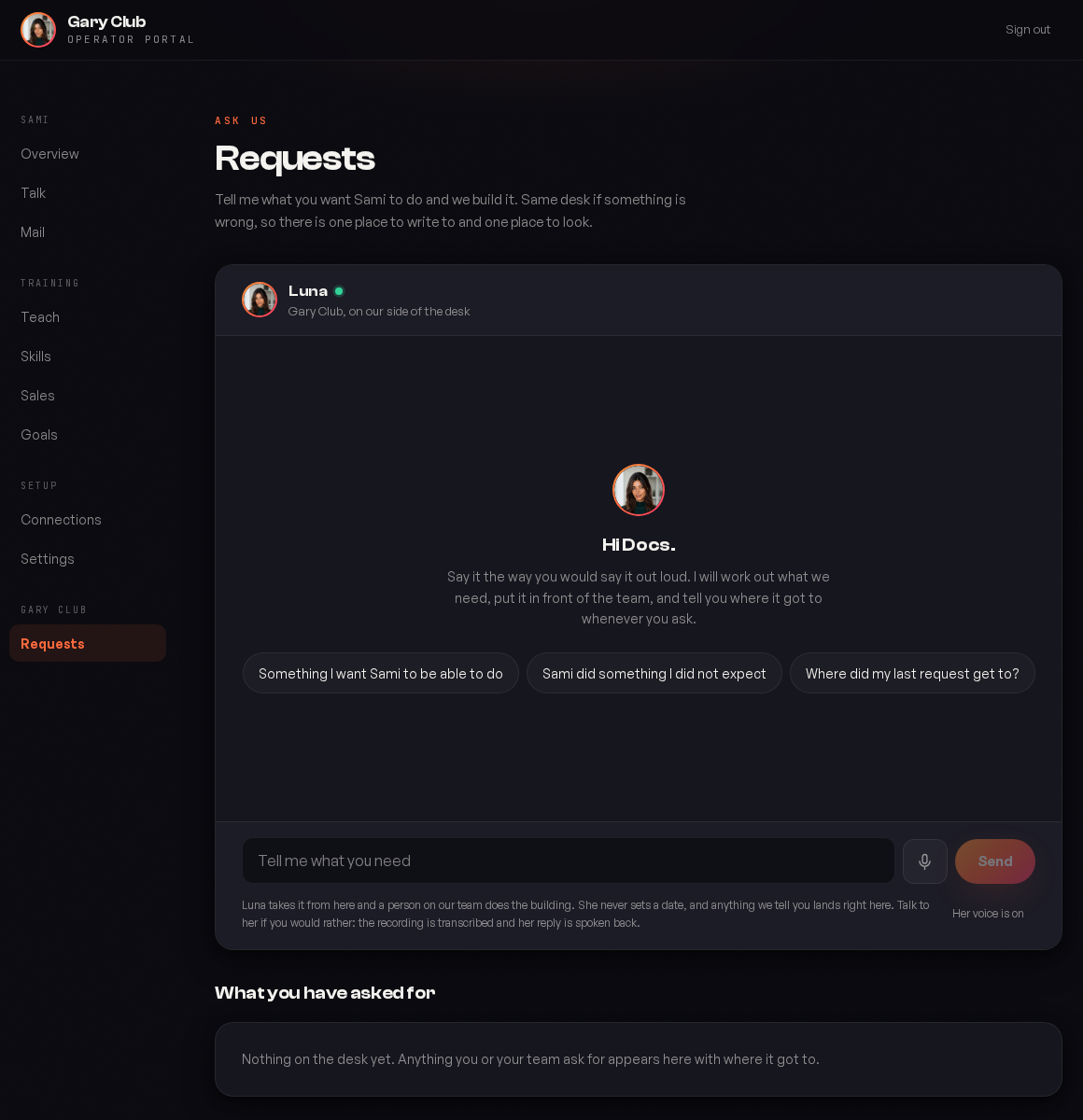 The Requests screen, where clients ask Gary Club for changes and new work.