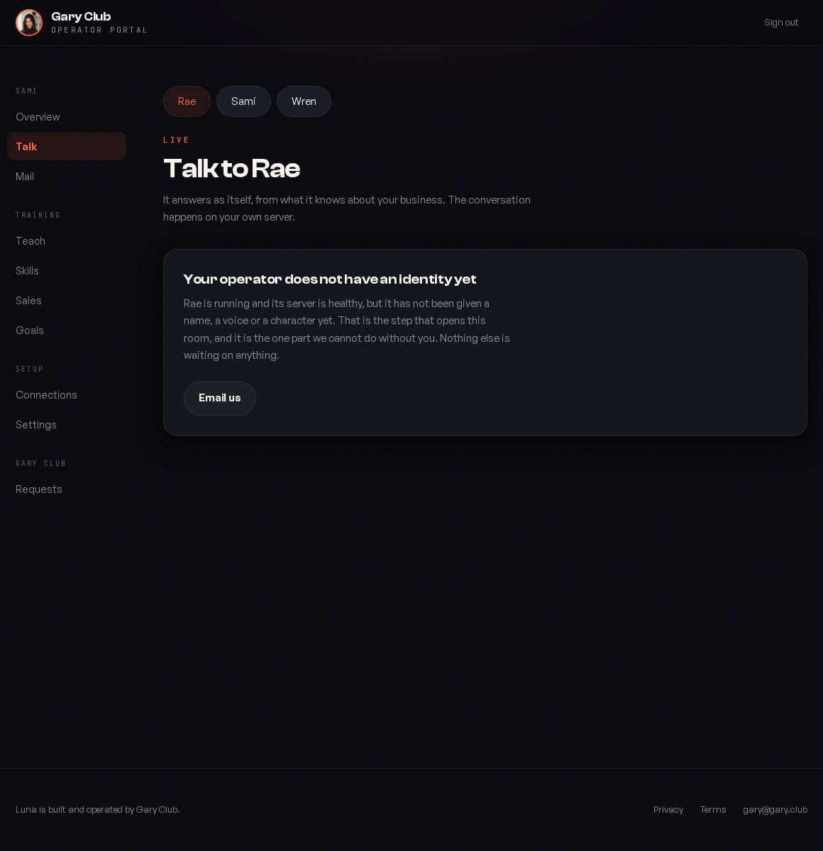 The Talk screen, a conversation view with the operator ready to take a message.