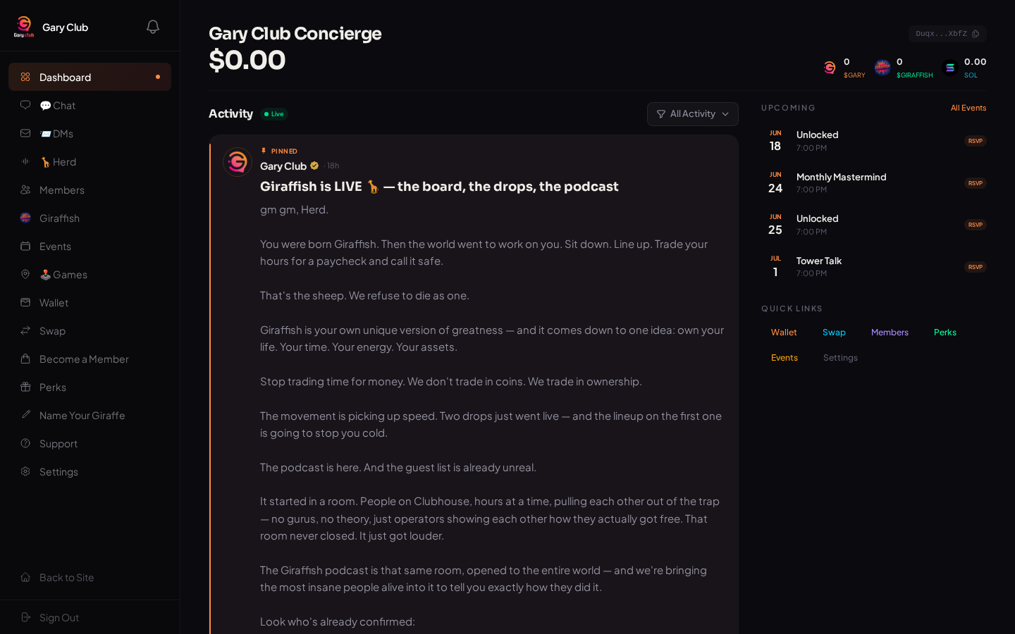 The dashboard with the sidebar menu on the left, the live activity feed in the center, and upcoming events plus quick links on the right