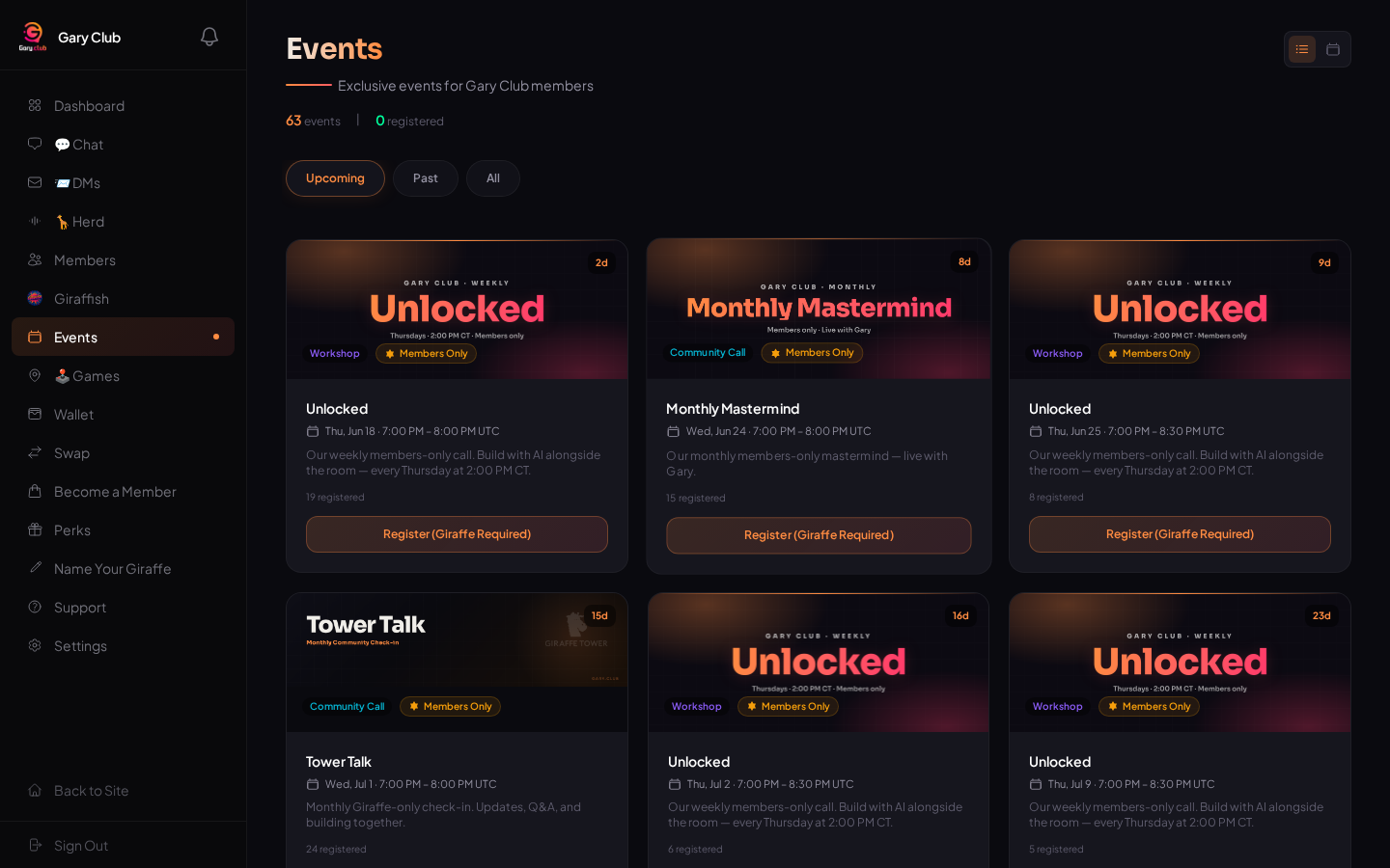 The Events page — a grid of upcoming event cards including Unlocked, Monthly Mastermind, and Tower Talk, with Upcoming and Past tabs