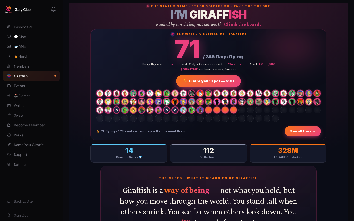 The Giraffish leaderboard — 'I'M GIRAFFISH, THE STATUS GAME' with the Millionaire wall of member avatars and live stats