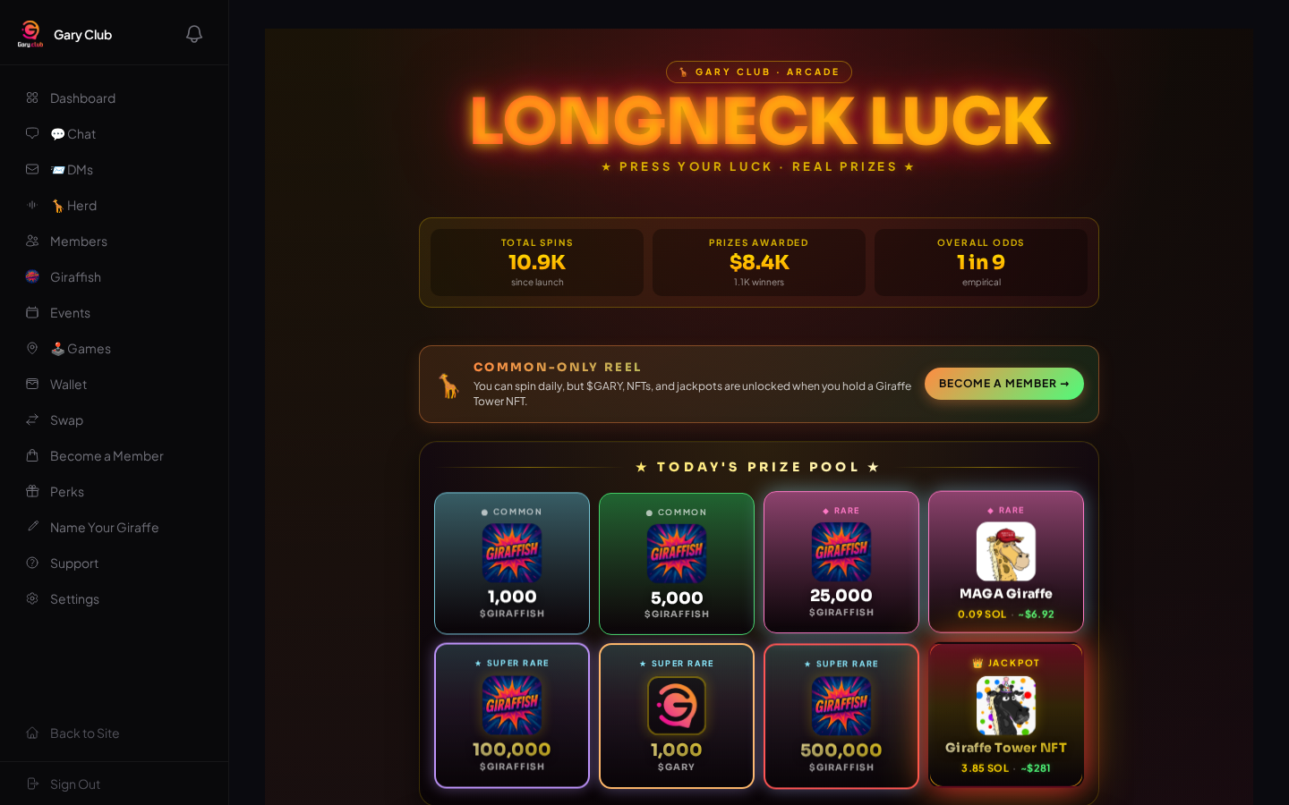 Longneck Luck — 'PRESS YOUR LUCK, REAL PRIZES' with total spins, prizes awarded, and overall odds, plus today's prize pool