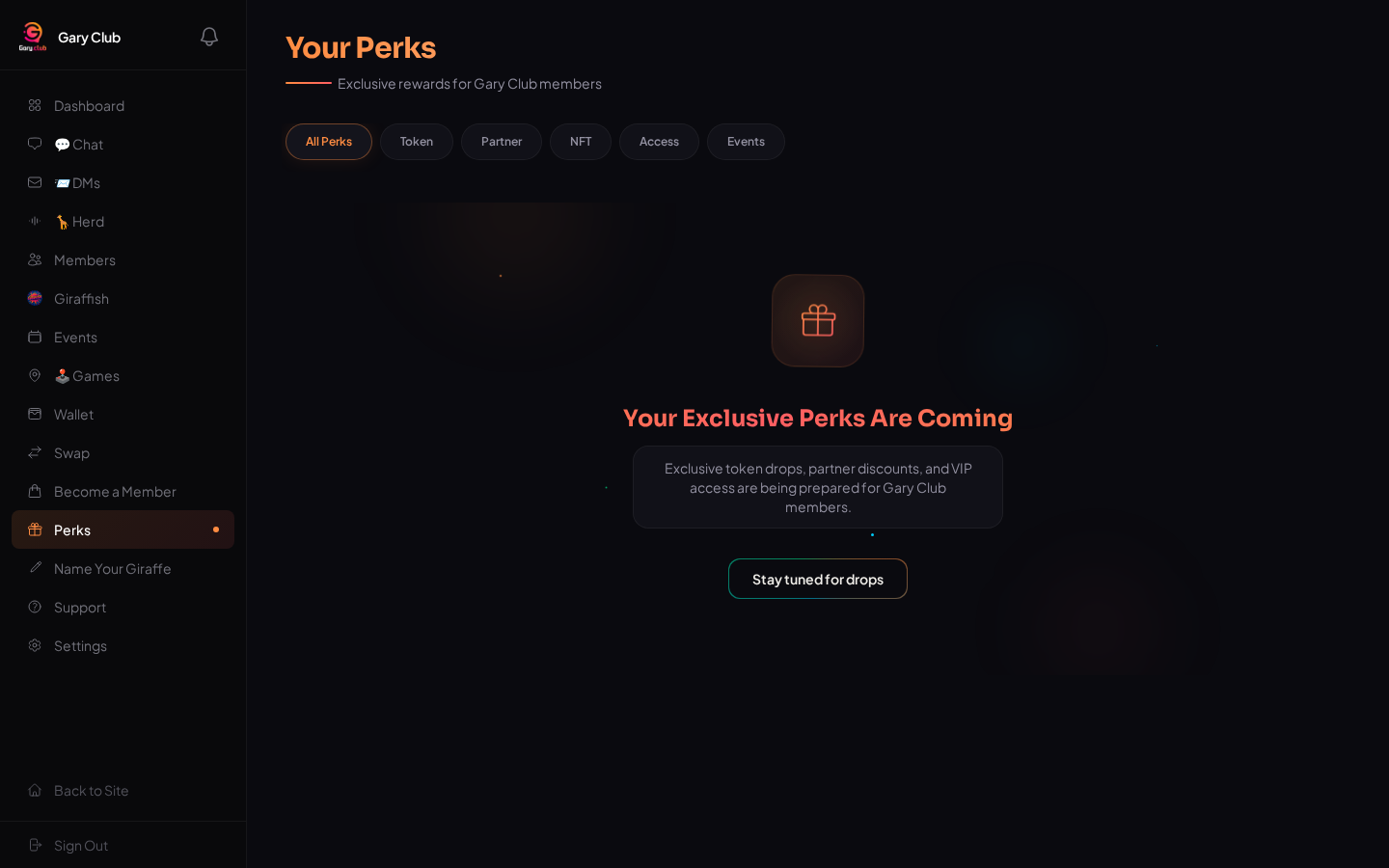 The Perks page showing the filter tabs All Perks, Token, Partner, NFT, Access, and Events