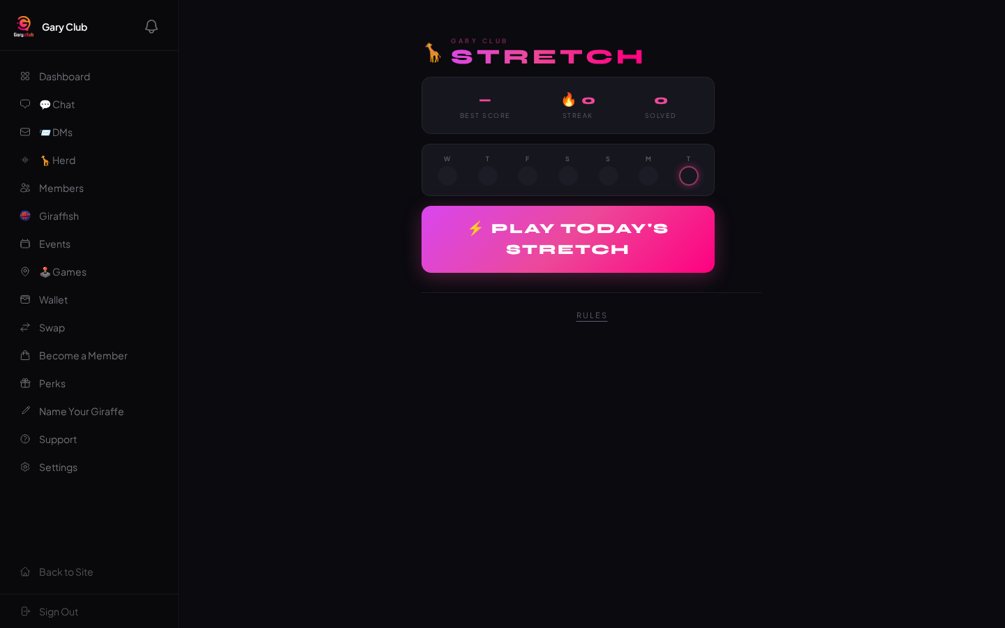 The STRETCH game screen with Best Score, Streak, and Solved stats, a week of day-dots, and a Play Today's Stretch button