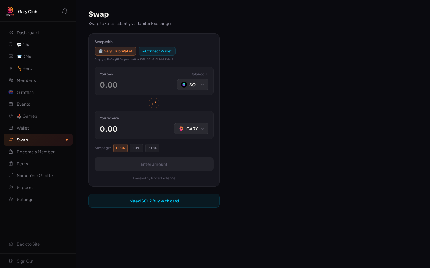 The Swap screen — a simple 'you pay / you receive' panel for trading SOL, GARY, and GIRAFFISH, with a 'Need SOL? Buy with card' button